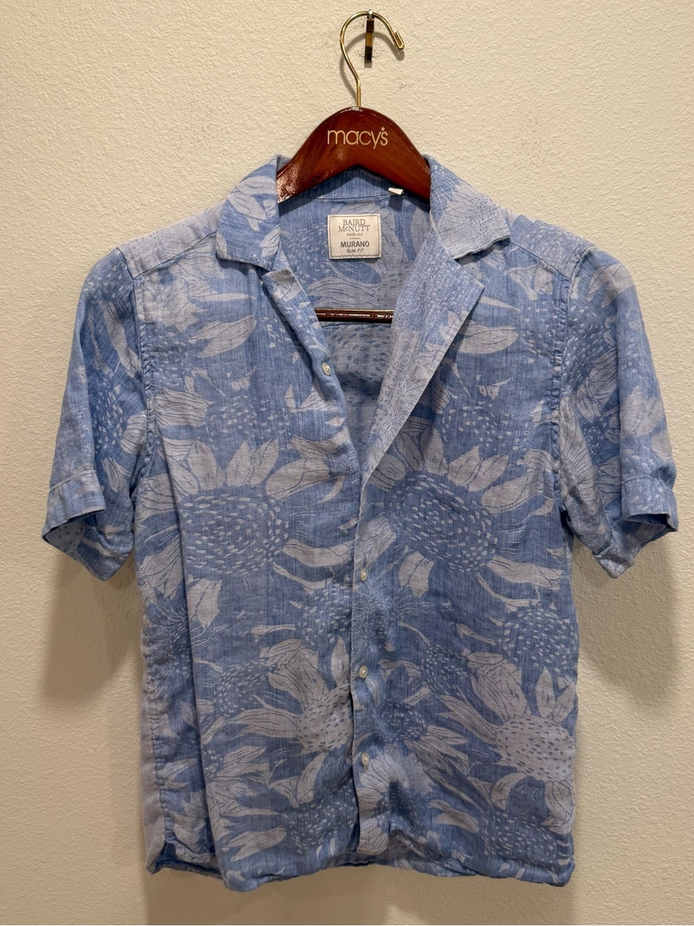 90s Vibes Slim Fit Blue Linen Camp Shirt with White 🌻 Sunflower 🌻 Print